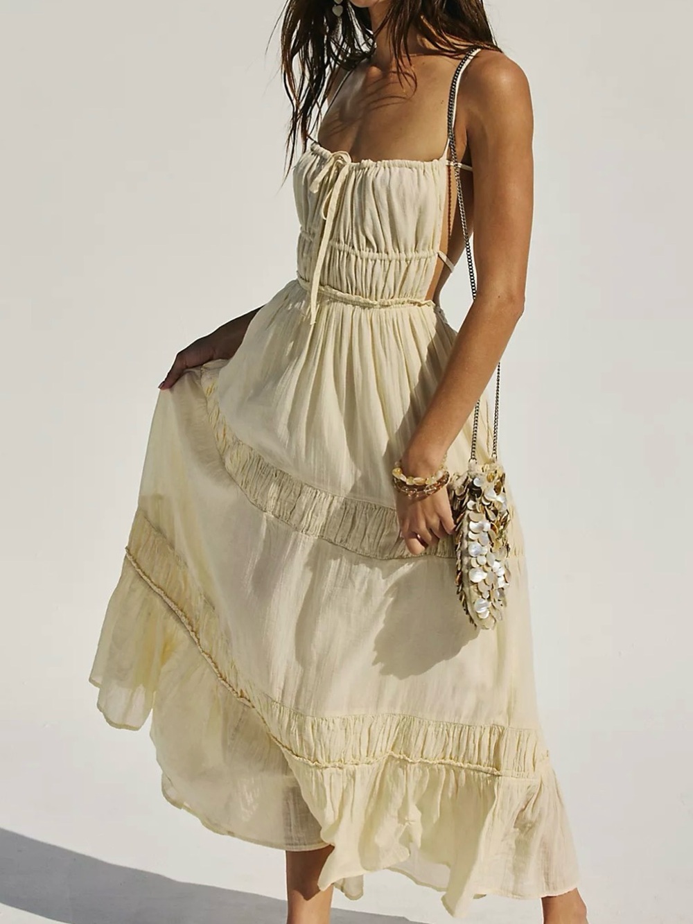 NWT Free People Taking Sides  Cream Tiered Maxi Dress